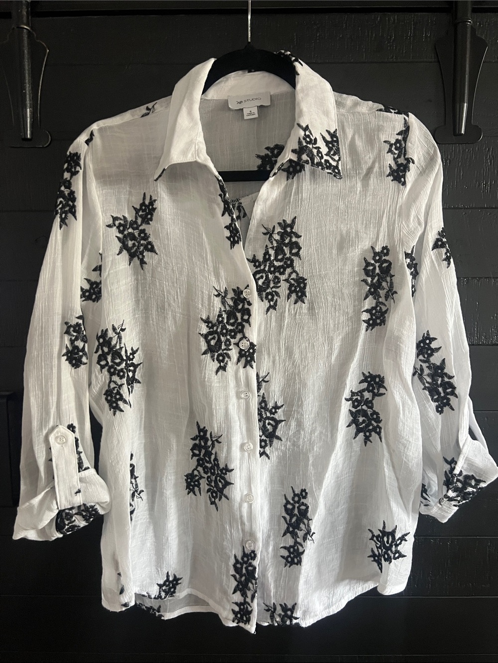 AB Studio White Button-Down Shirt with Black Floral Embroidery